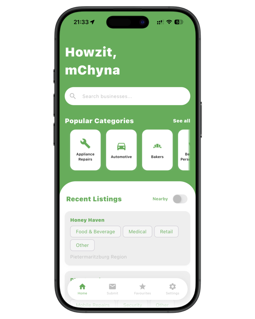 mChyna app home screen showing search, popular categories and recent local listings