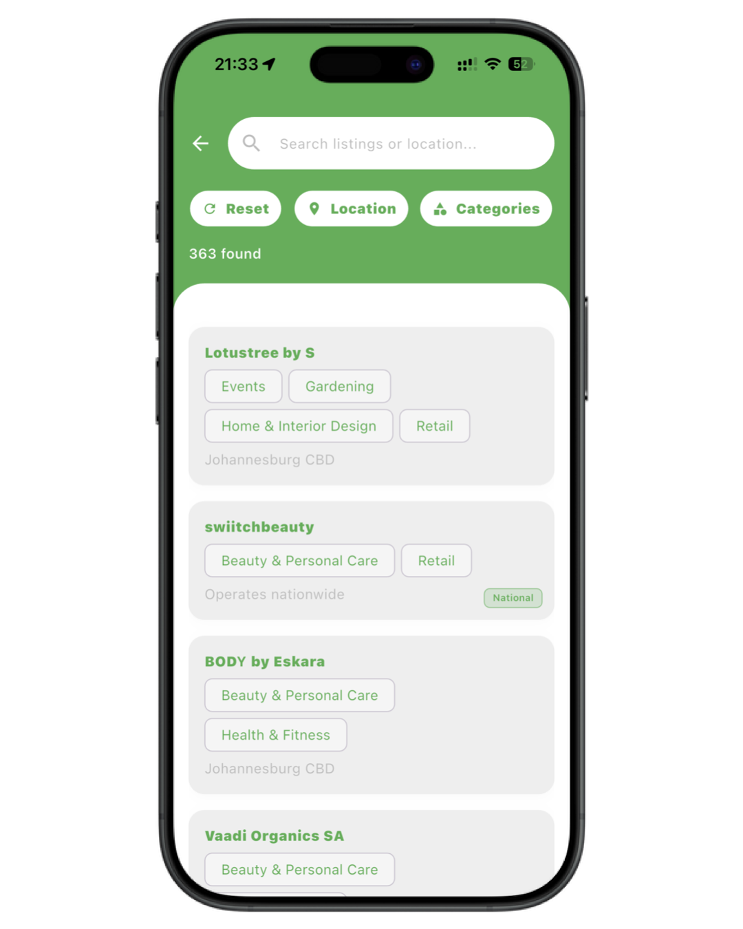 mChyna search results showing location and category filters with local business listings