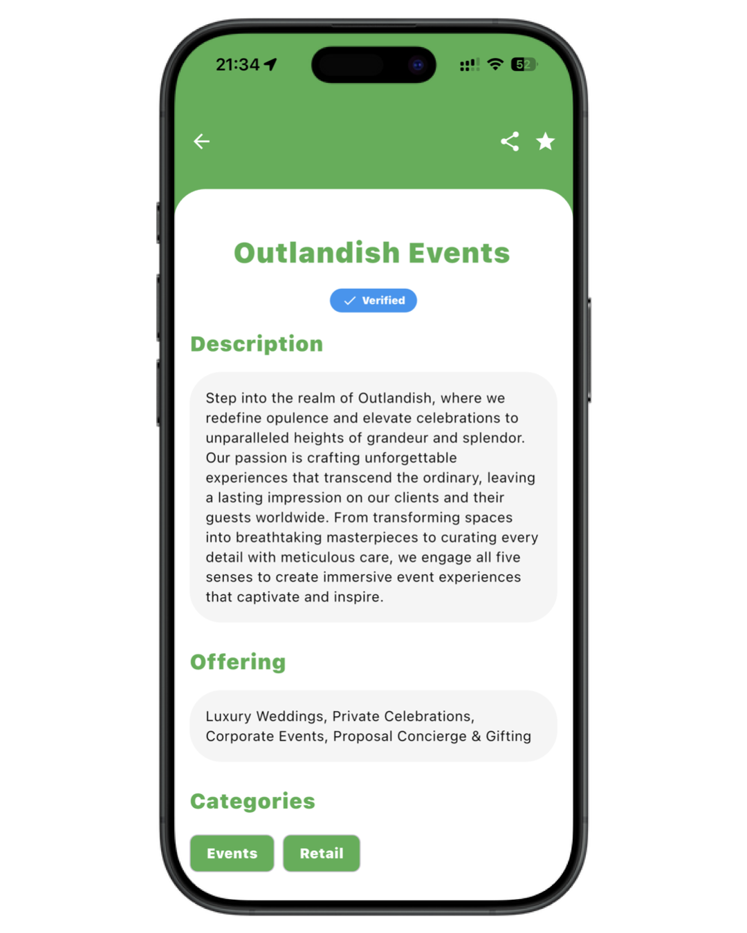 mChyna local business profile with description, offering, categories and a verified badge